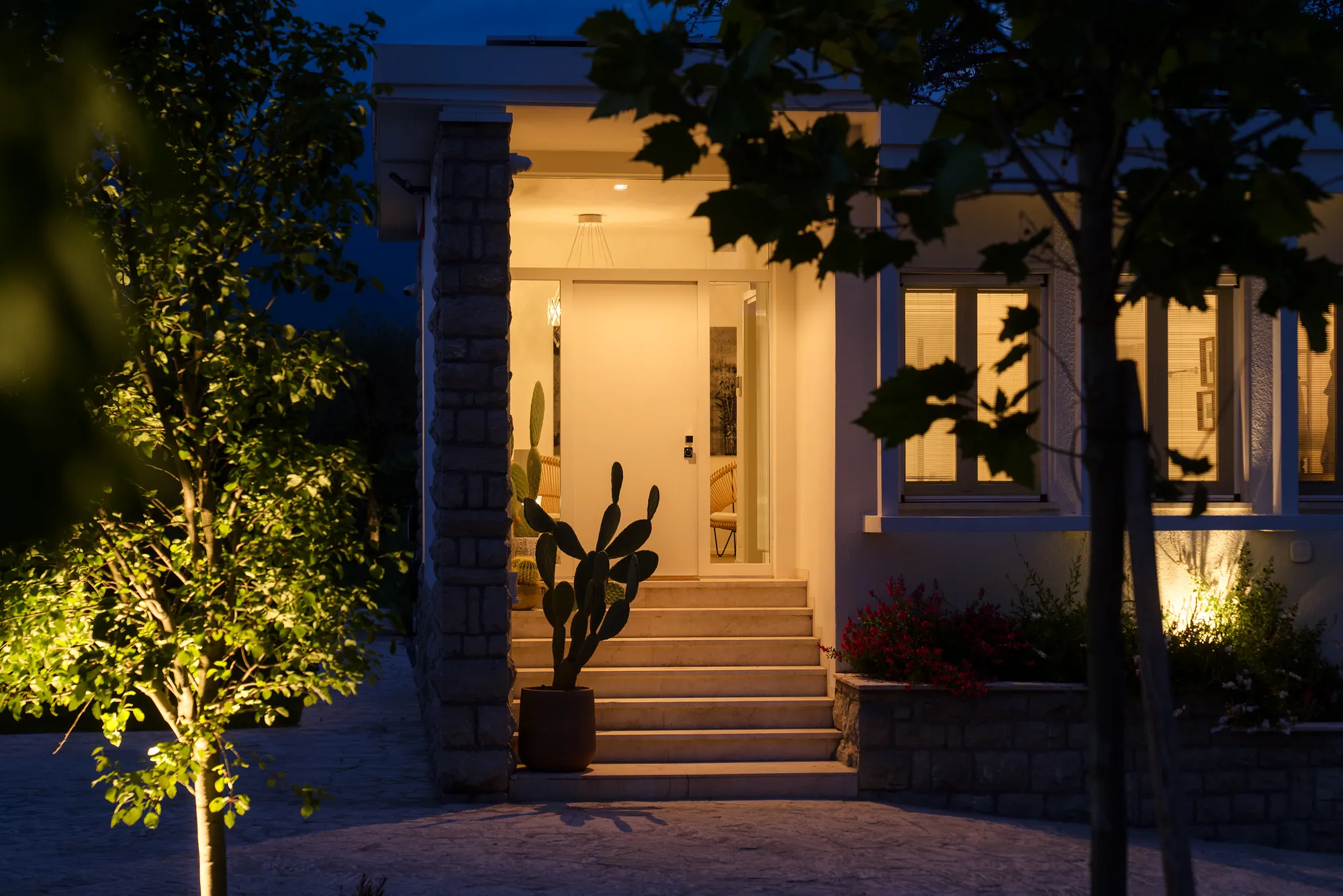 Lit entrance steps and glass door of the villa at night, framed by trees and cacti