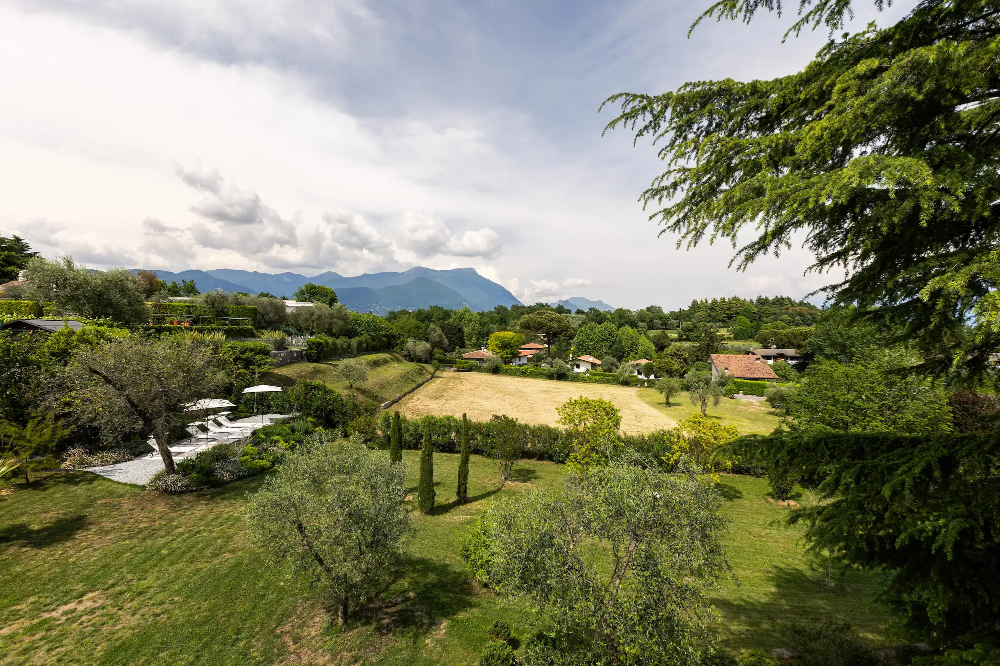 Panoramic view over the garden and olive trees to the hills of the Valtenesi