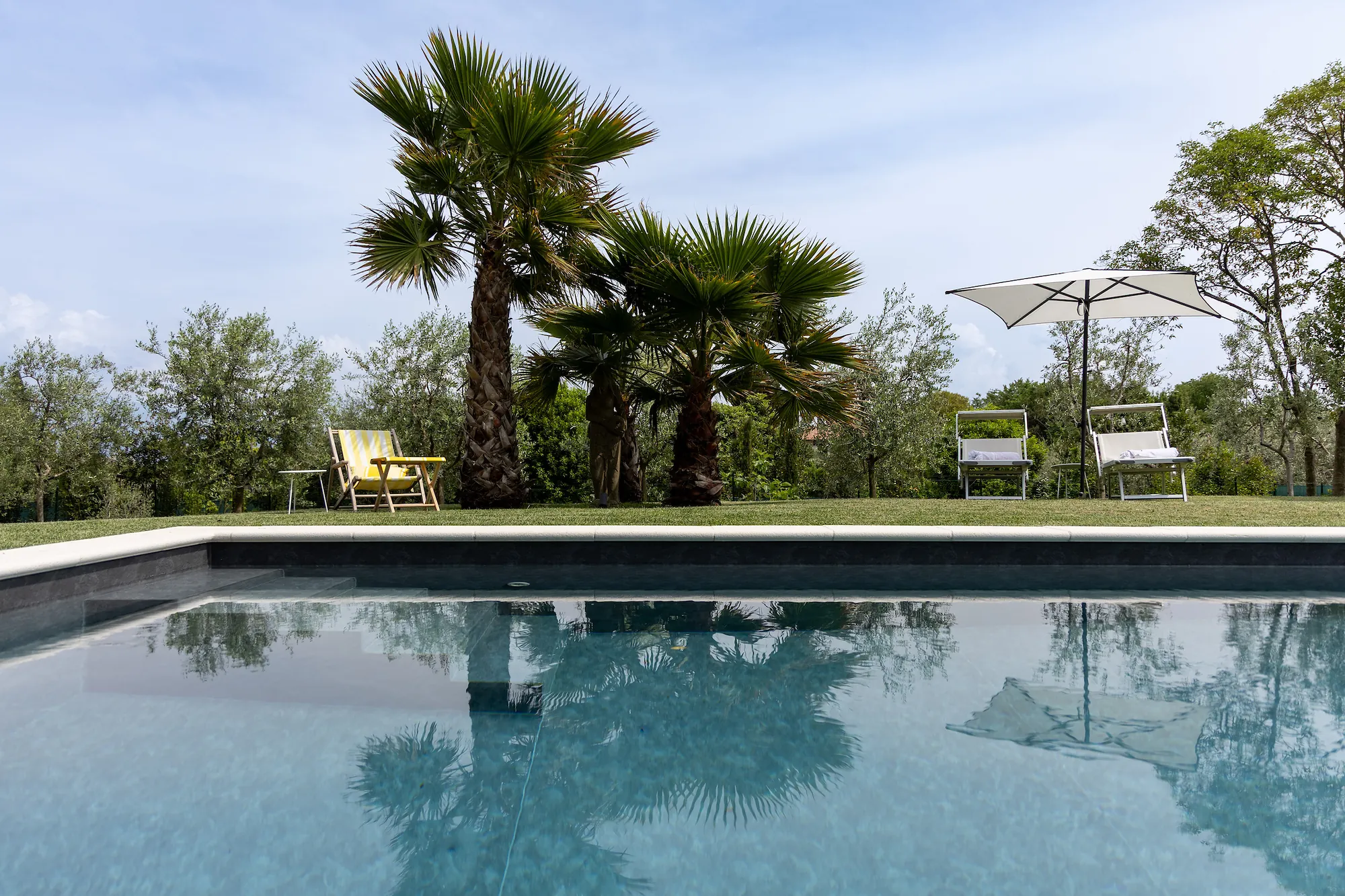 Palm trees and sun loungers reflected in the still saltwater pool